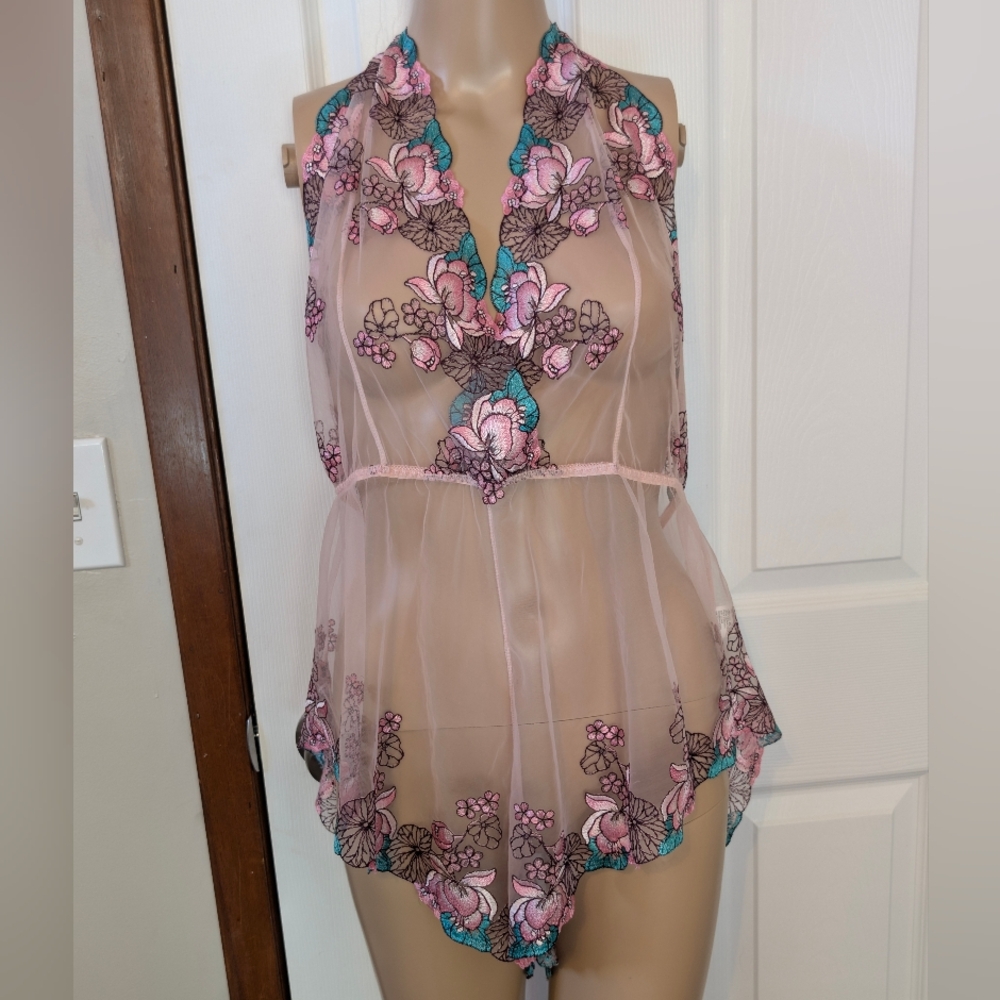 Sheer Floral Embroidered Teddy Lengire Bodysuit with Pink and Teal Accents-3XL